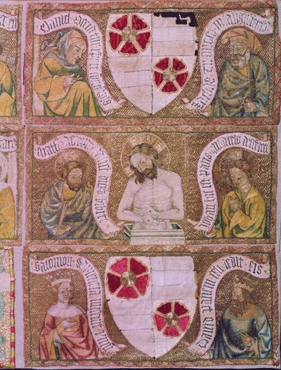 Christus als Schmerzensmann mit St. Matthäus und St. Johannes mit alttestamentlichen Propheten und Königen, Detail vom Treboner Altartuch, Böhmen, ca. 1370-1380 von Unbekannt Unbekannt